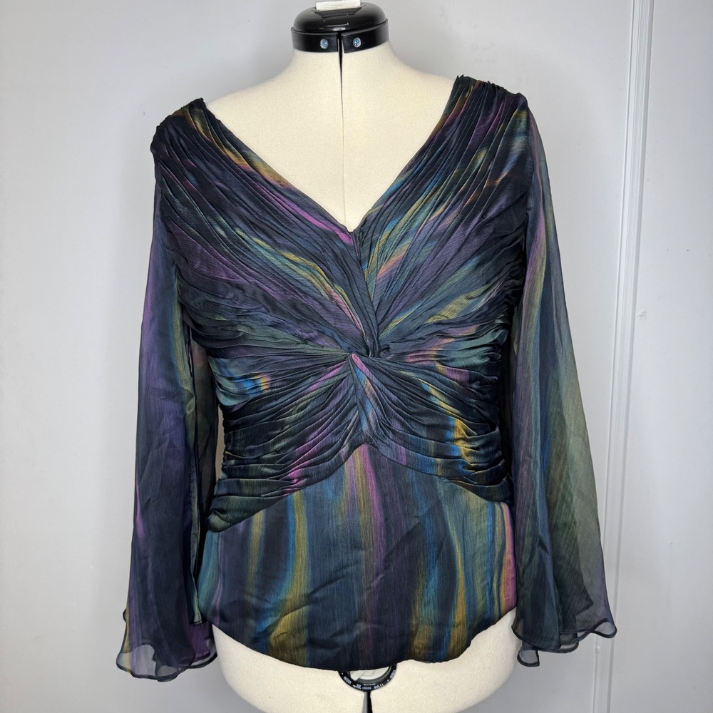 Victor Costa Womens Iridescent Watercolor Twisted Knot Pleated Blouse Size 12